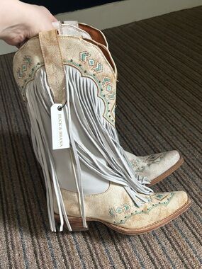 Buck & Brana Fringed Western Boots in Cream with Turquoise Embroidery